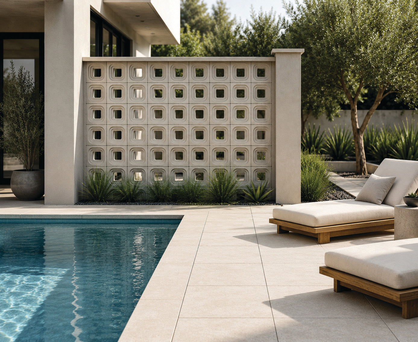 STEP breeze block wall with concentric stepped square reveals beside a pool, Natural finish