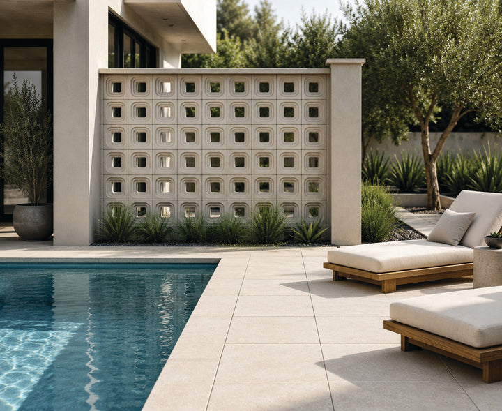STEP breeze block wall with concentric stepped square reveals beside a pool, Natural finish