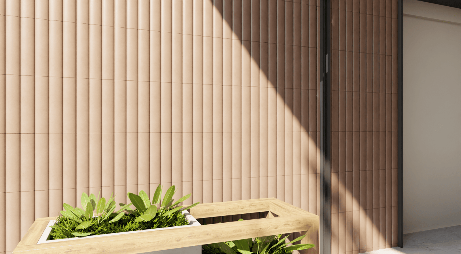 FLUTE fluted concrete wall tile in Beige — large-format 3D feature wall by ModaConcrete, lifestyle view 2