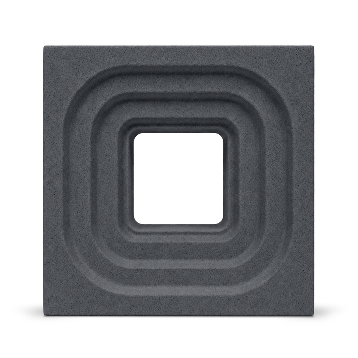 ModaBLOK STEP breeze block in Graphite — HyperCast architectural concrete screen block with concentric stepped square reveals, 7.5x7.5x4 in, view 1
