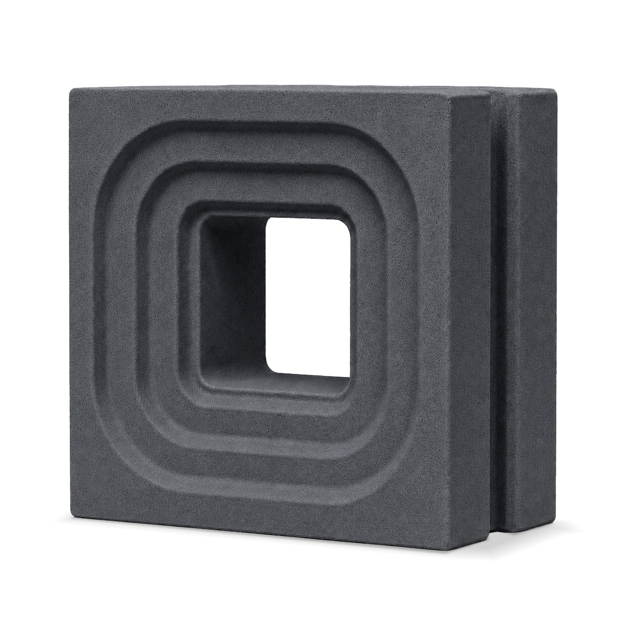 ModaBLOK STEP breeze block in Graphite — HyperCast architectural concrete screen block with concentric stepped square reveals, 7.5x7.5x4 in, view 2