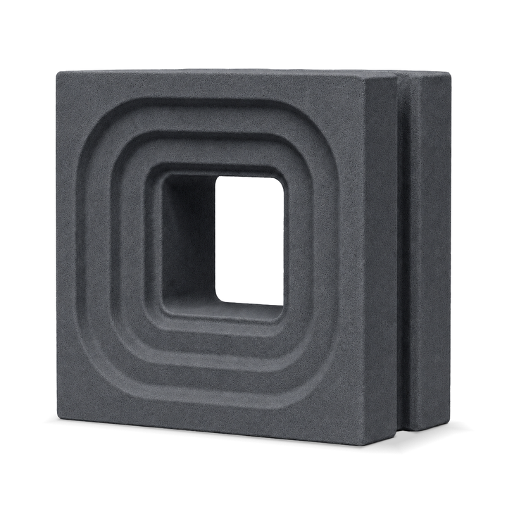 ModaBLOK STEP breeze block in Graphite — HyperCast architectural concrete screen block with concentric stepped square reveals, 7.5x7.5x4 in, view 2