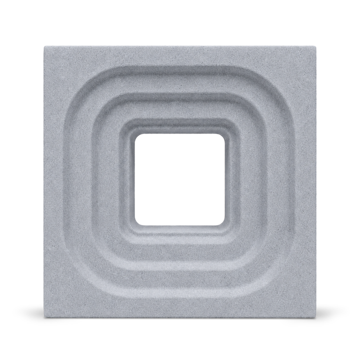 ModaBLOK STEP breeze block in Gray — HyperCast architectural concrete screen block with concentric stepped square reveals, 7.5x7.5x4 in, view 1