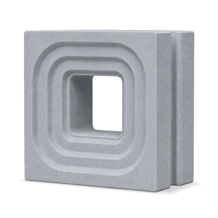 ModaBLOK STEP breeze block in Gray — HyperCast architectural concrete screen block with concentric stepped square reveals, 7.5x7.5x4 in, view 2