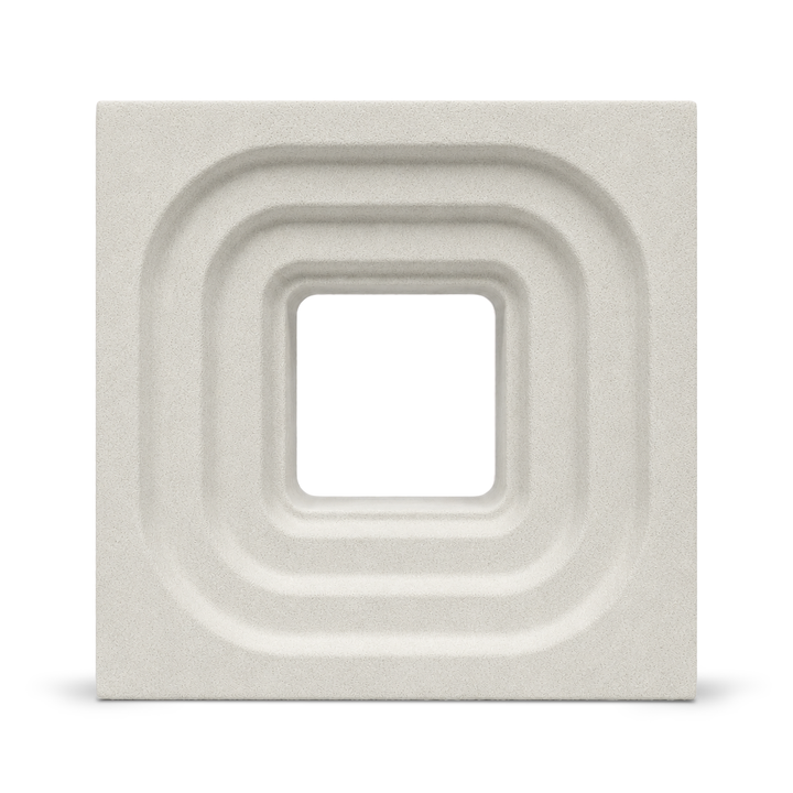 ModaBLOK STEP breeze block in Natural — HyperCast architectural concrete screen block with concentric stepped square reveals, 7.5x7.5x4 in, view 1