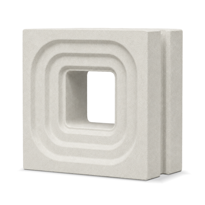 ModaBLOK STEP breeze block in Natural — HyperCast architectural concrete screen block with concentric stepped square reveals, 7.5x7.5x4 in, view 2