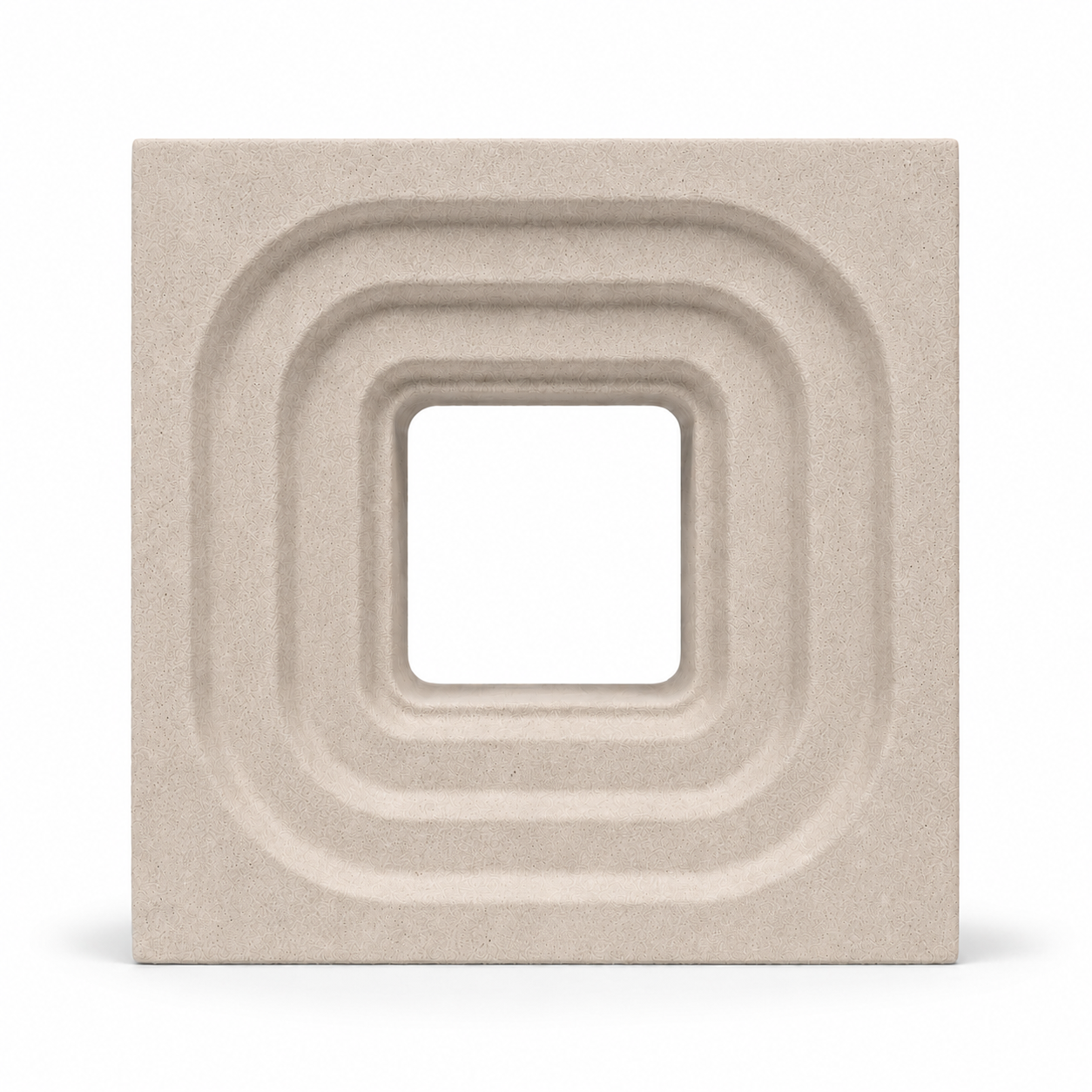 ModaBLOK STEP breeze block in Sand — HyperCast architectural concrete screen block with concentric stepped square reveals, 7.5x7.5x4 in, view 1