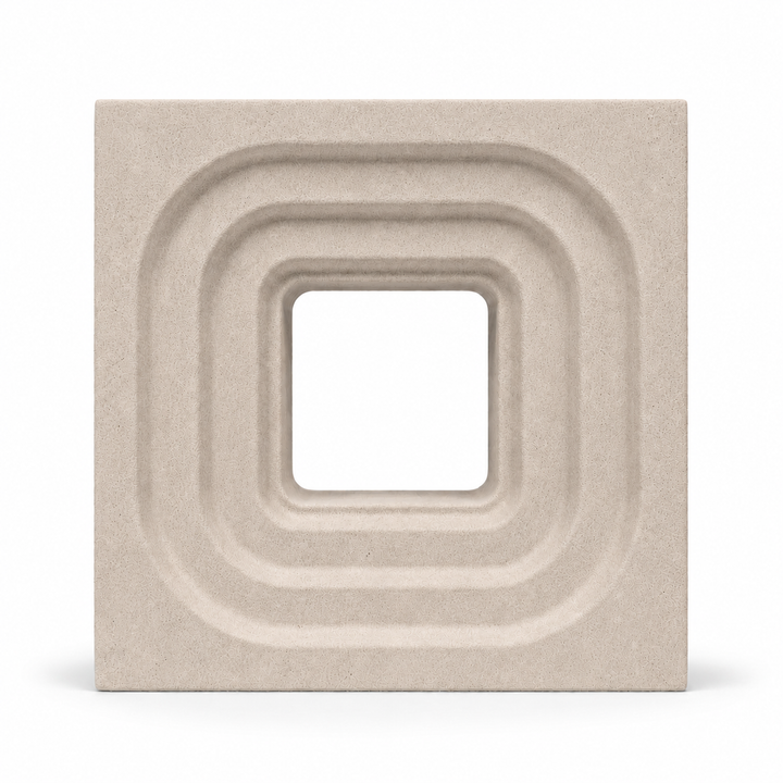 ModaBLOK STEP breeze block in Sand — HyperCast architectural concrete screen block with concentric stepped square reveals, 7.5x7.5x4 in, view 1