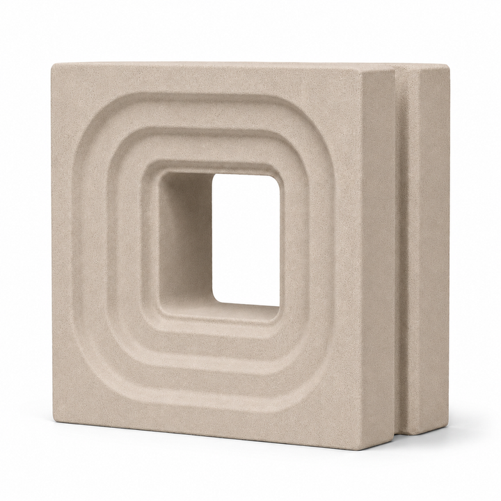 ModaBLOK STEP breeze block in Sand — HyperCast architectural concrete screen block with concentric stepped square reveals, 7.5x7.5x4 in, view 2