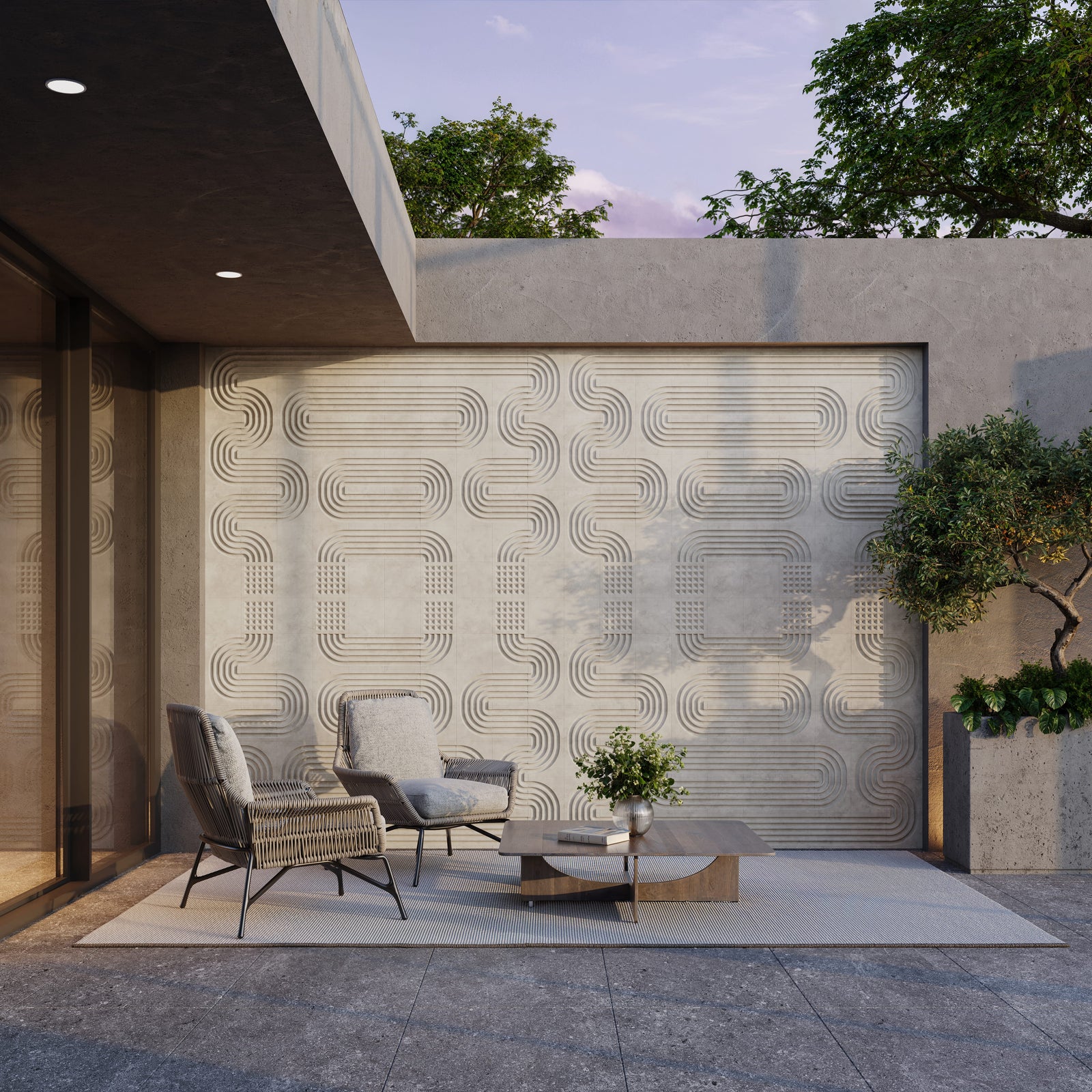ROMA 3D concrete wall tile collection by ModaConcrete — mixed patterns on a feature wall, lifestyle view 2