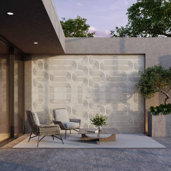 ROMA concrete wall tile collection — mixed patterns installed on a feature wall, ModaConcrete