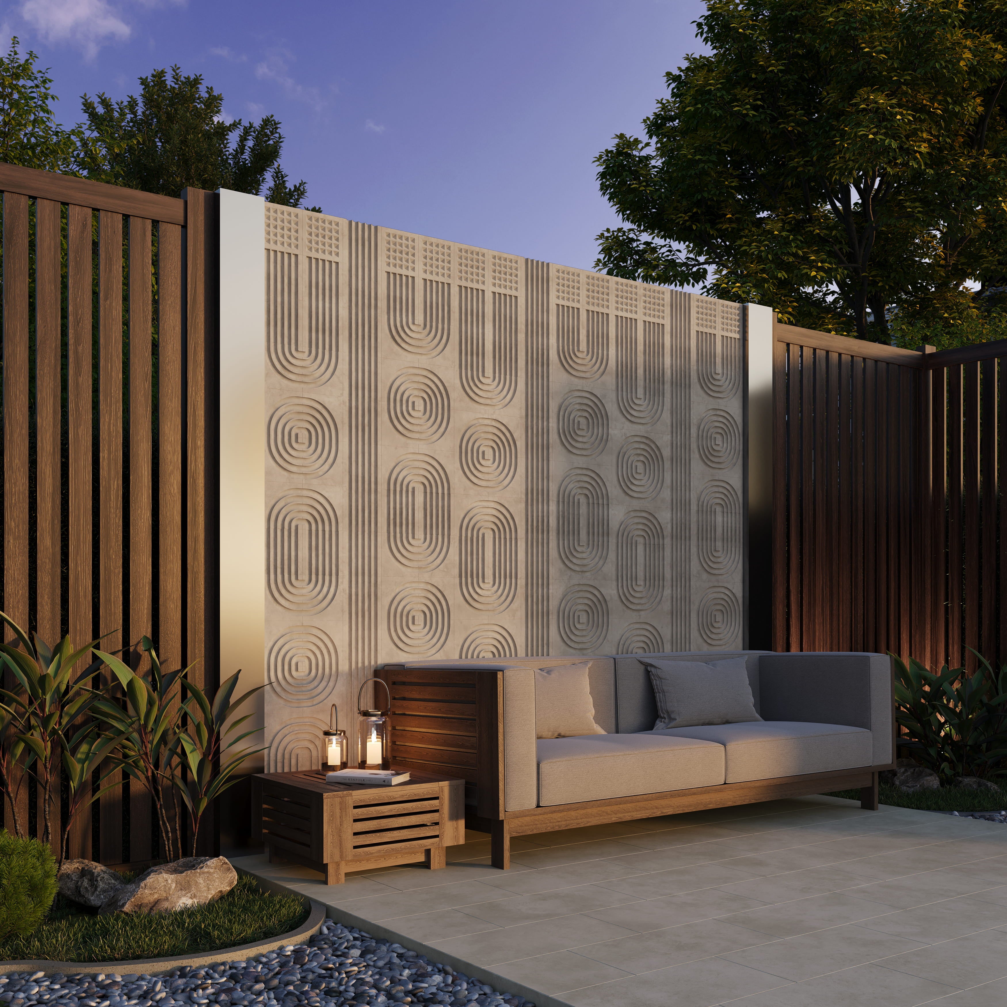 ROMA concrete tile wall installation — dimensional surface relief in natural light