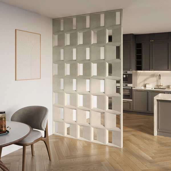 ModaBLOK ALVA breeze block room divider between a dining nook and an open kitchen