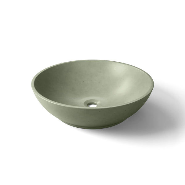 Basin ModaCAST GFRC concrete vessel sink in Sage, angled studio render of the shallow bowl