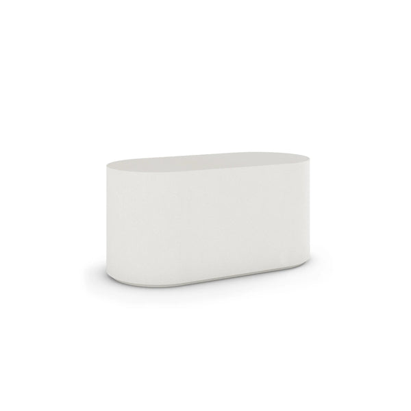 Oval ModaCAST GFRC concrete coffee table, 50 x 24 in., in White, angled studio render