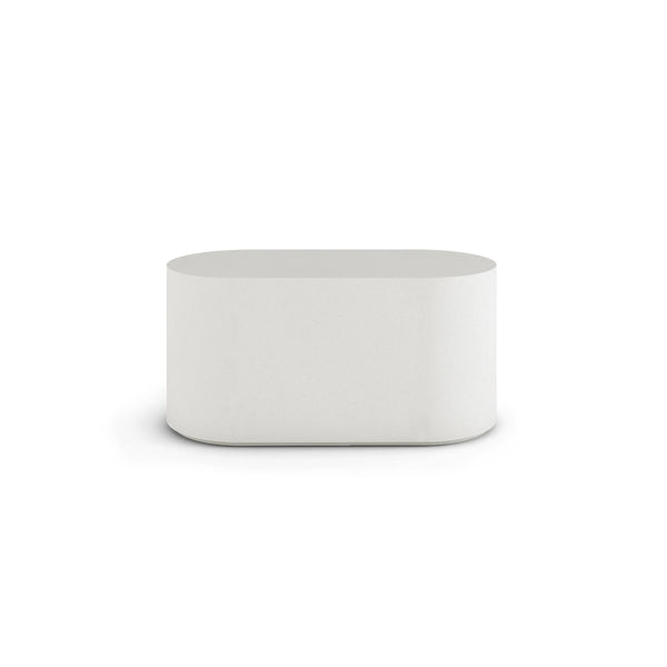 Oval ModaCAST GFRC concrete coffee table, 50 x 24 in., in White, side elevation studio render