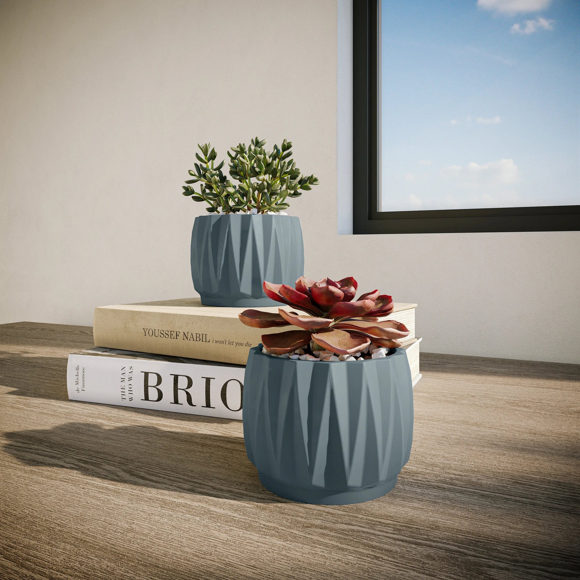 Concrete Mini Flute Tabletop Planters (Set of 2) Smokey Blue