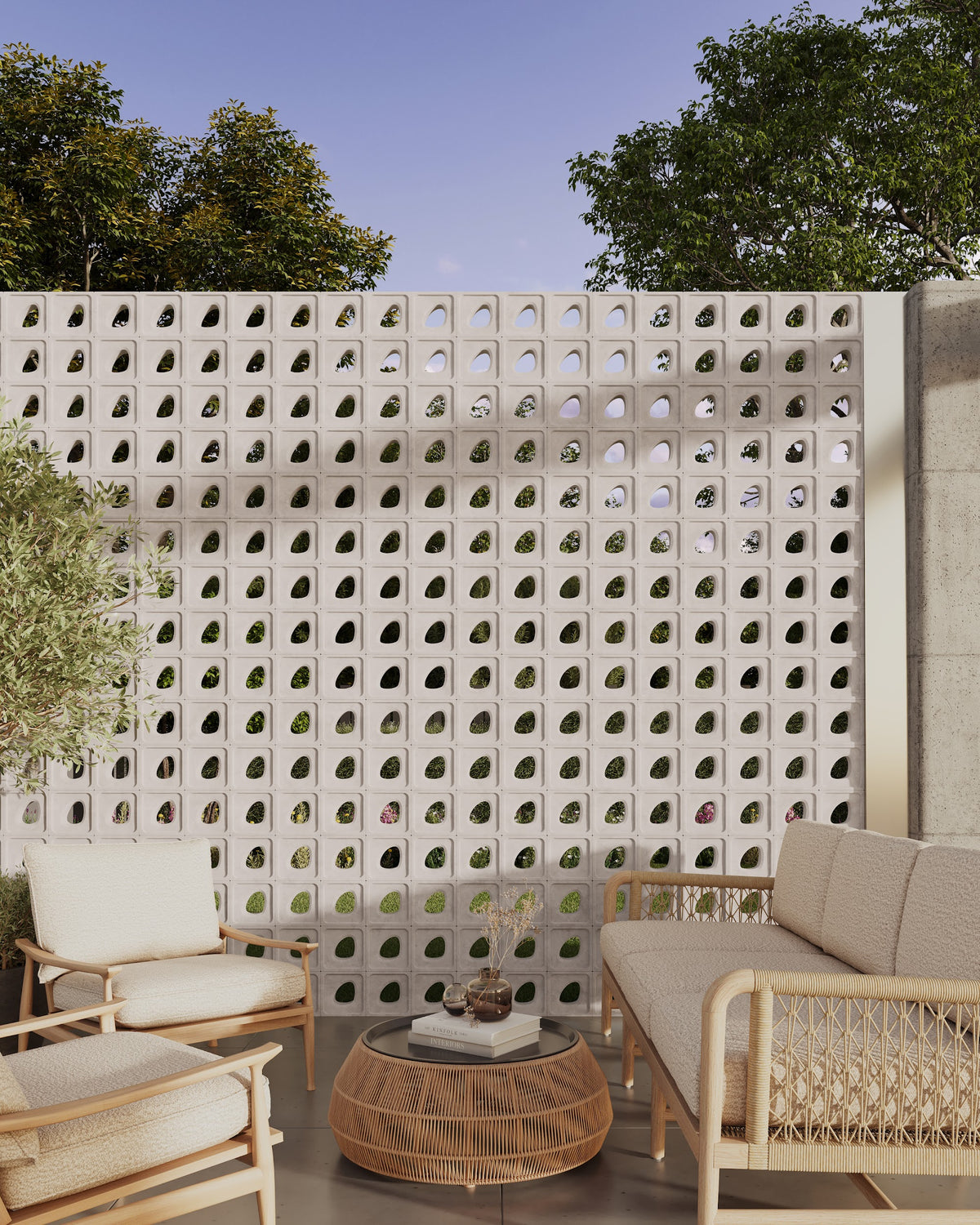 TIDE concrete breeze block screen wall in a modern architectural setting