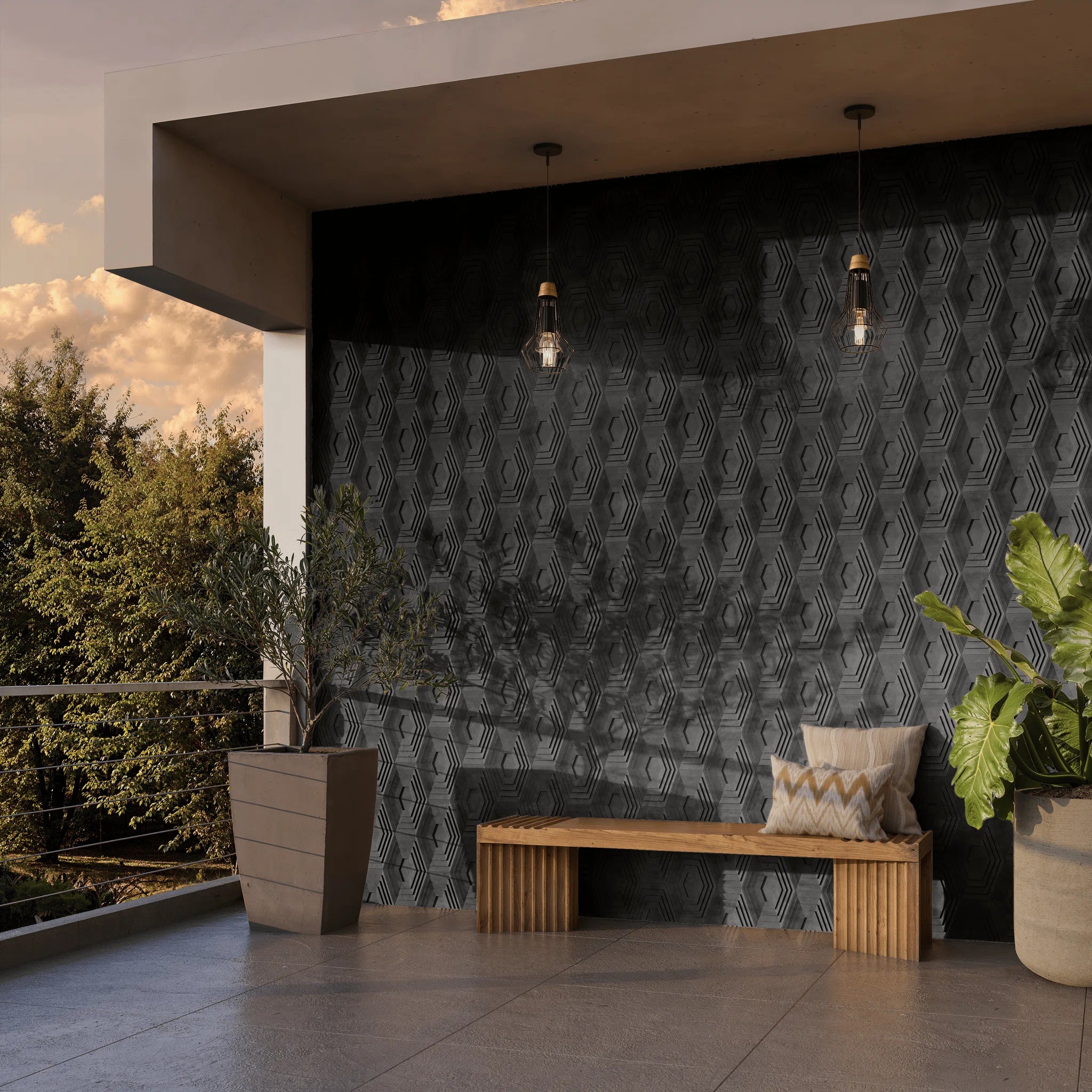 HALO Graphite narrow-format 3D concrete wall tile – circular relief, installation · ModaConcrete