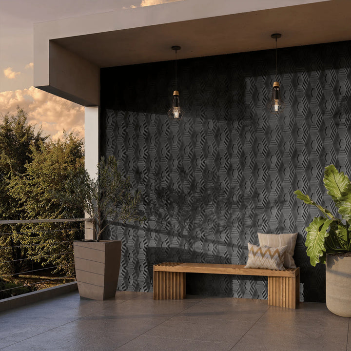 HALO Graphite narrow-format 3D concrete wall tile – circular relief, installation · ModaConcrete