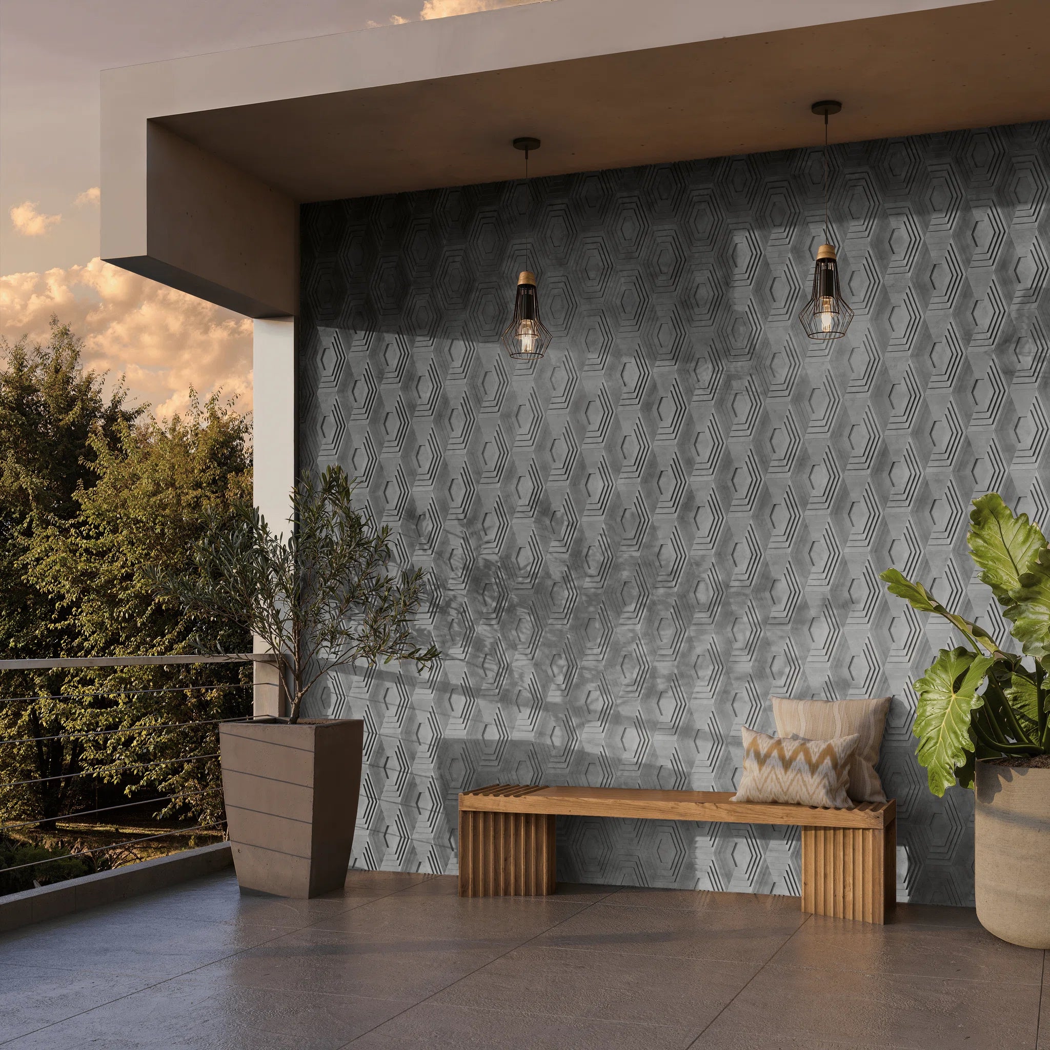 HALO Gray narrow-format 3D concrete wall tile – circular relief, installation · ModaConcrete