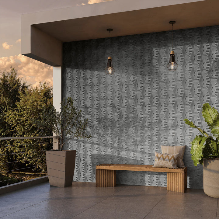 HALO Gray narrow-format 3D concrete wall tile – circular relief, installation · ModaConcrete