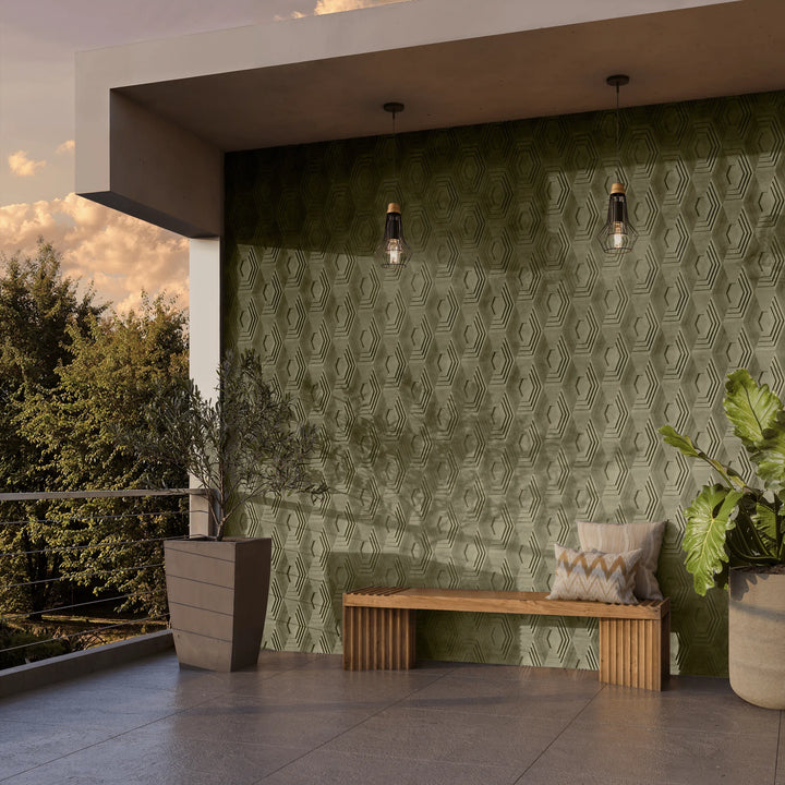 HALO Sage narrow-format 3D concrete wall tile – circular relief, installation · ModaConcrete