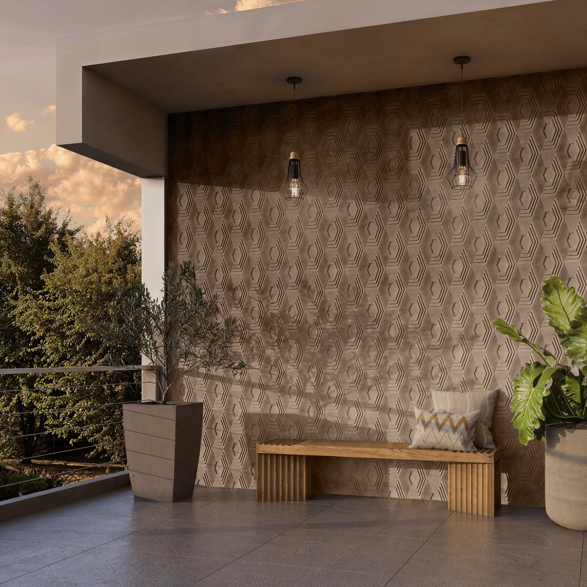 HALO Sand narrow-format 3D concrete wall tile – circular relief, installation · ModaConcrete