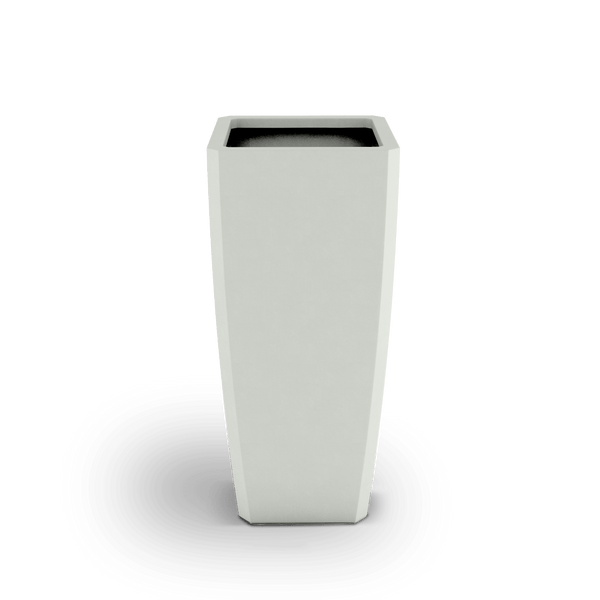Quartet ModaCAST GFRC tapered planter in White, raised three-quarter view showing the open top