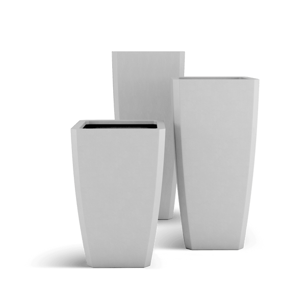 Quartet ModaCAST GFRC tapered planters in White, three sizes grouped in a studio render