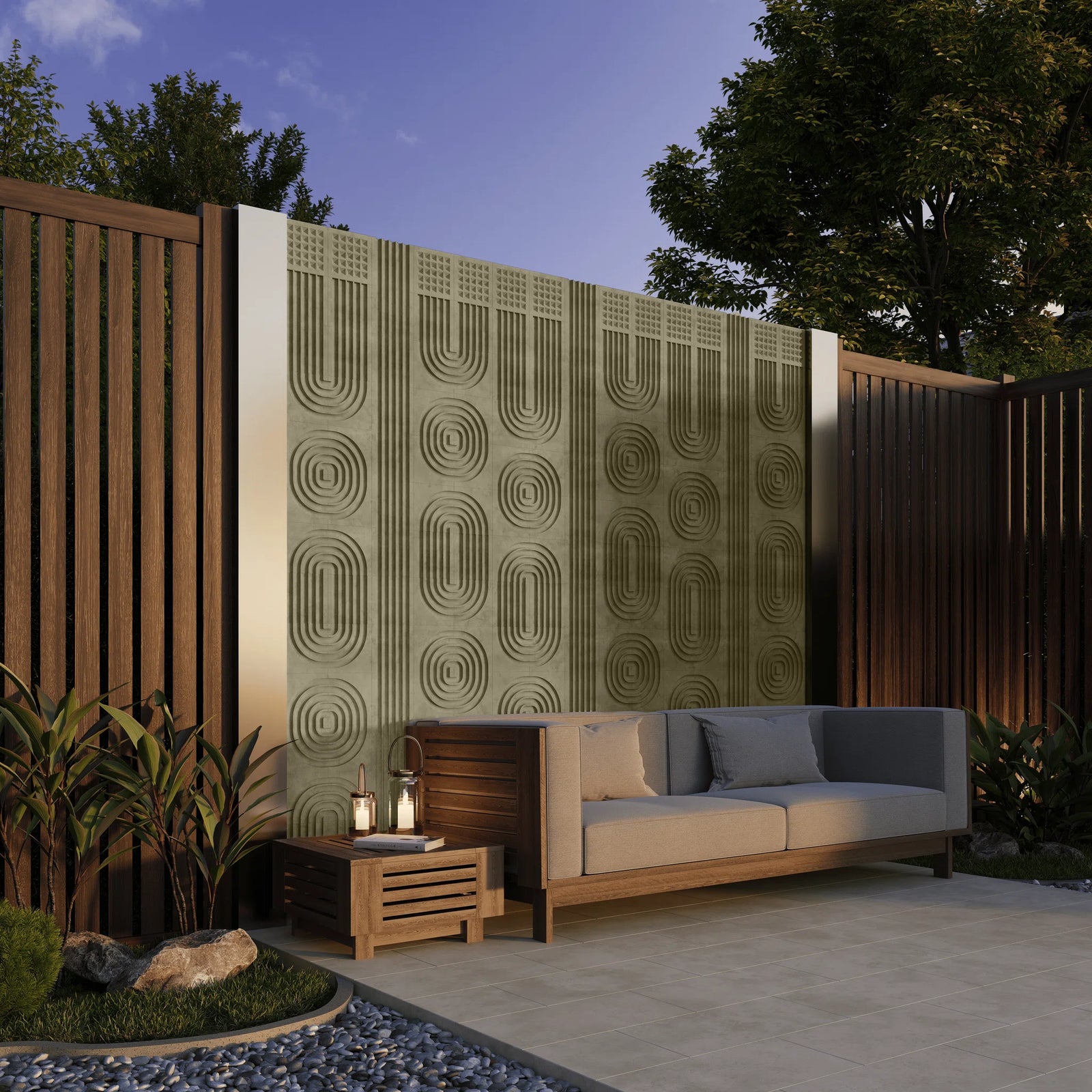 ROMA 3D concrete wall tile in Sage — feature wall lifestyle by ModaConcrete