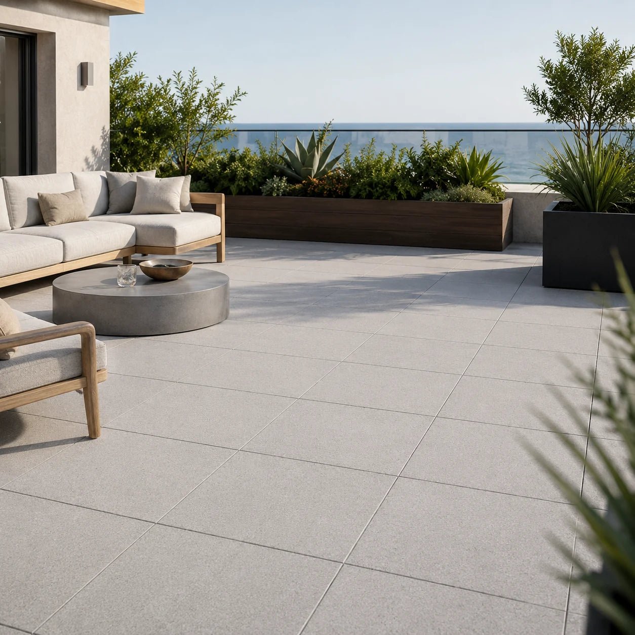 ModaPAVE 24x24 pedestal wet-cast concrete pavers in Gray installed in a modern rooftop lifestyle setting — ModaConcrete