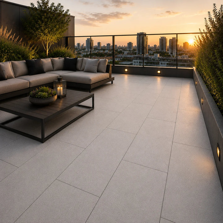 ModaPAVE 32x16 pedestal concrete pavers in White — lifestyle scene | ModaConcrete outdoor hardscape