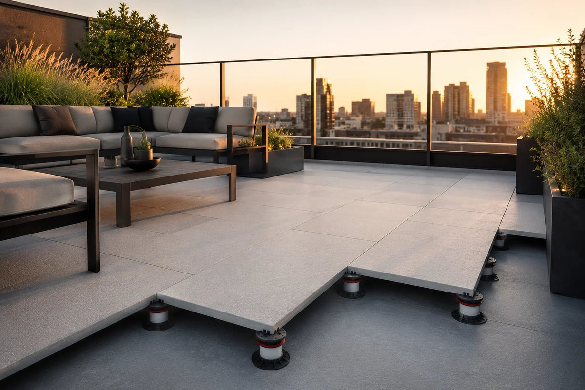 ModaPAVE 32x16 pedestal concrete pavers in White — rooftop lifestyle scene | ModaConcrete outdoor hardscape