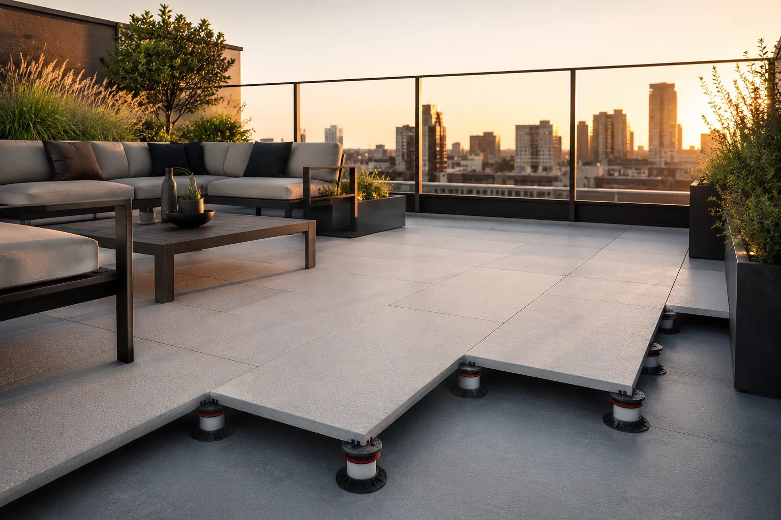 ModaPAVE 32x16 pedestal concrete pavers in White — rooftop lifestyle scene | ModaConcrete outdoor hardscape