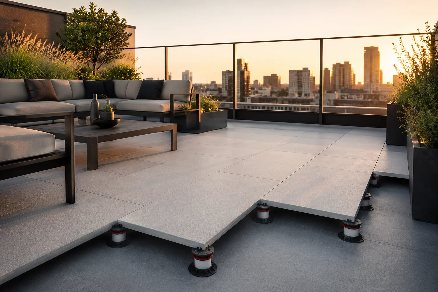 ModaPAVE 32x16 pedestal concrete pavers in White — rooftop lifestyle scene | ModaConcrete outdoor hardscape