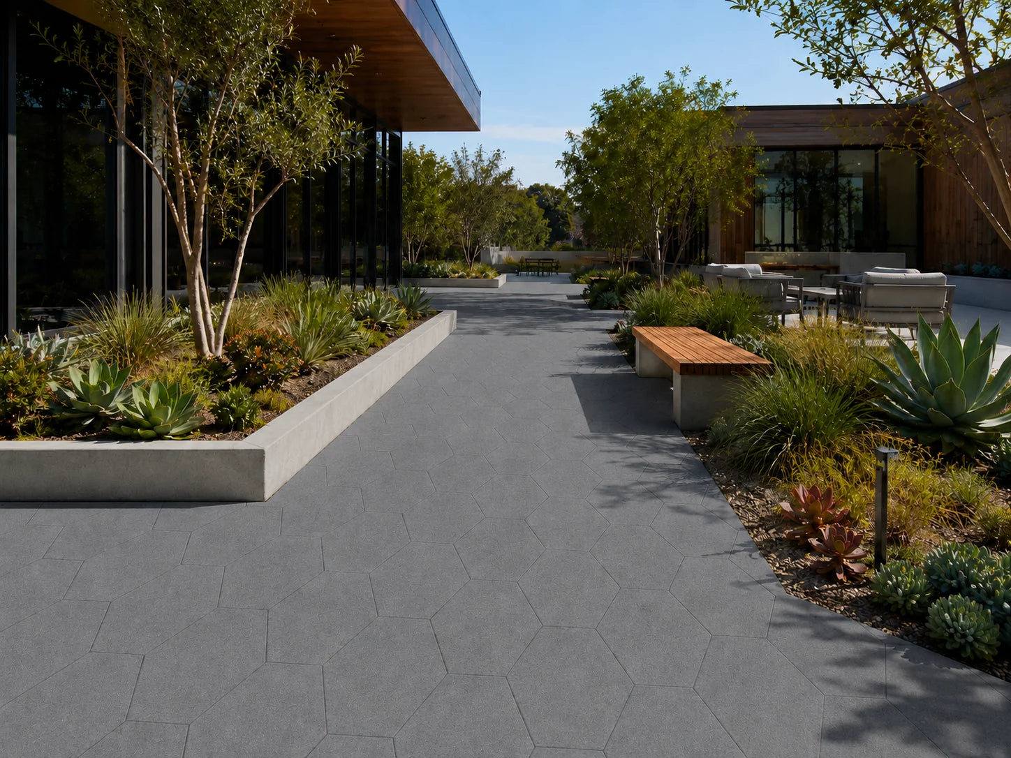 ModaPAVE hexagon concrete paver in Graphite — render view | ModaConcrete outdoor hardscape