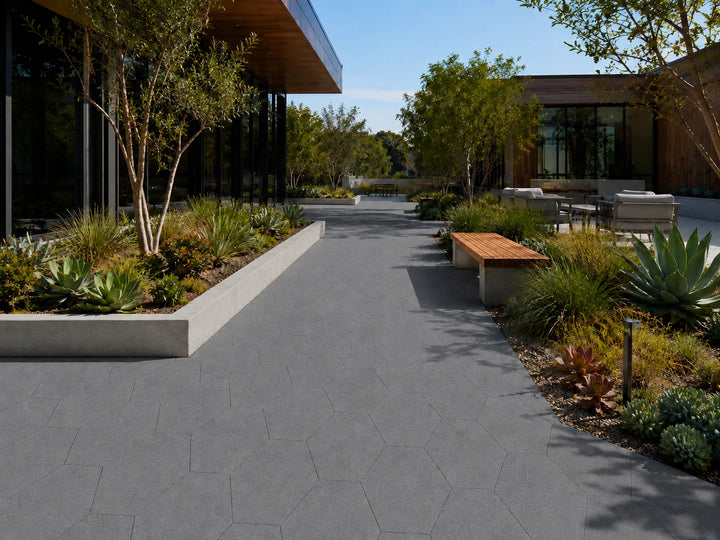ModaPAVE hexagon concrete paver in Graphite — render view | ModaConcrete outdoor hardscape