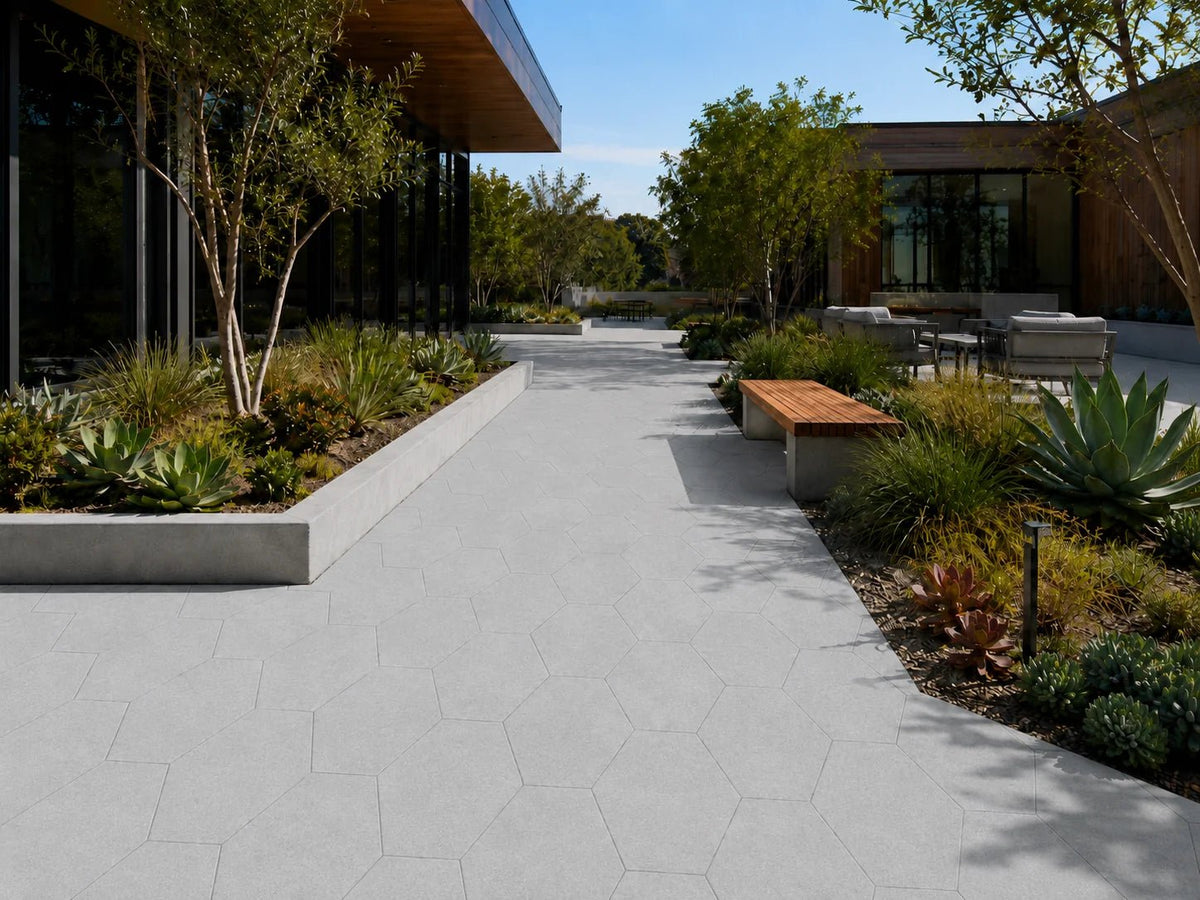 ModaPAVE hexagon concrete paver in Gray — render view | ModaConcrete outdoor hardscape