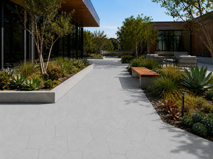 ModaPAVE hexagon concrete paver in Gray — render view | ModaConcrete outdoor hardscape