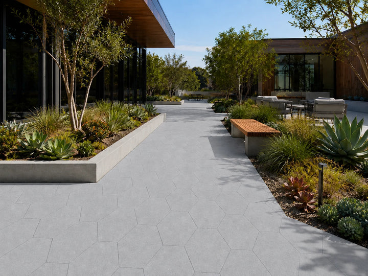 ModaPAVE hexagon concrete paver in Platinum — render view | ModaConcrete outdoor hardscape