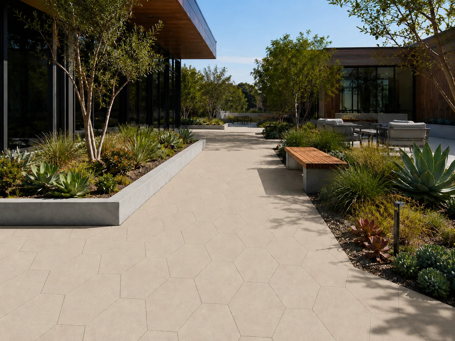 ModaPAVE hexagon concrete paver in Sand — render view | ModaConcrete outdoor hardscape
