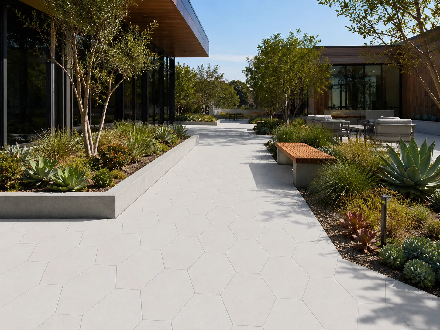 ModaPAVE hexagon concrete paver in White — render view | ModaConcrete outdoor hardscape