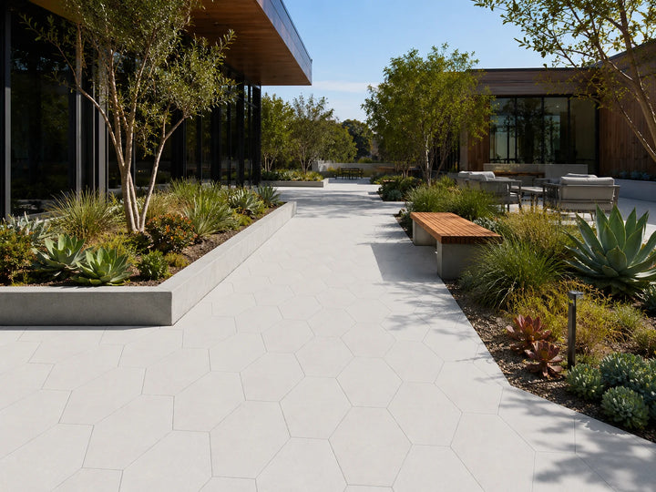 ModaPAVE hexagon concrete paver in White — render view | ModaConcrete outdoor hardscape