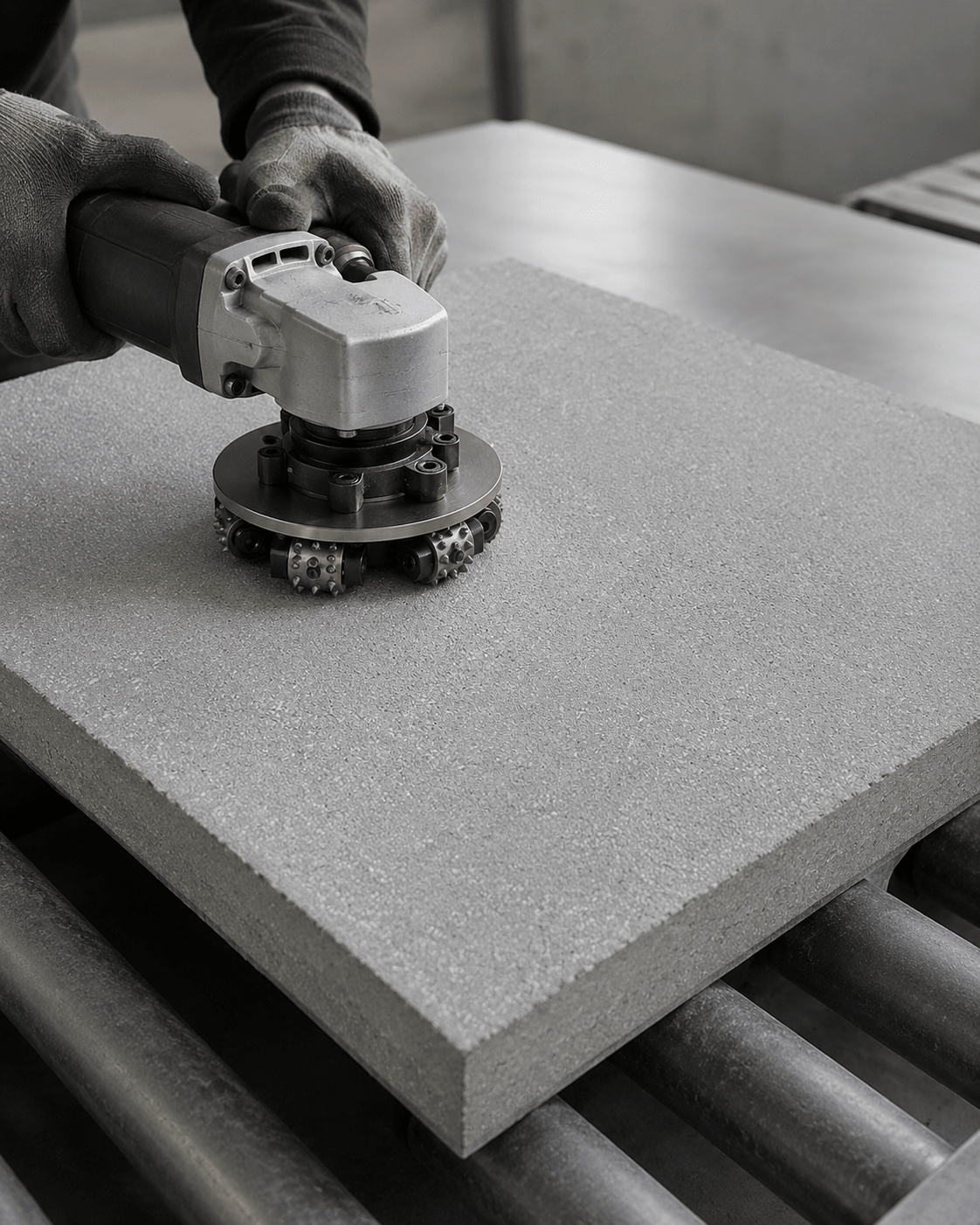 Bush-hammered finish being applied to a ModaConcrete wet-cast concrete paver with a rotary bush-hammer tool