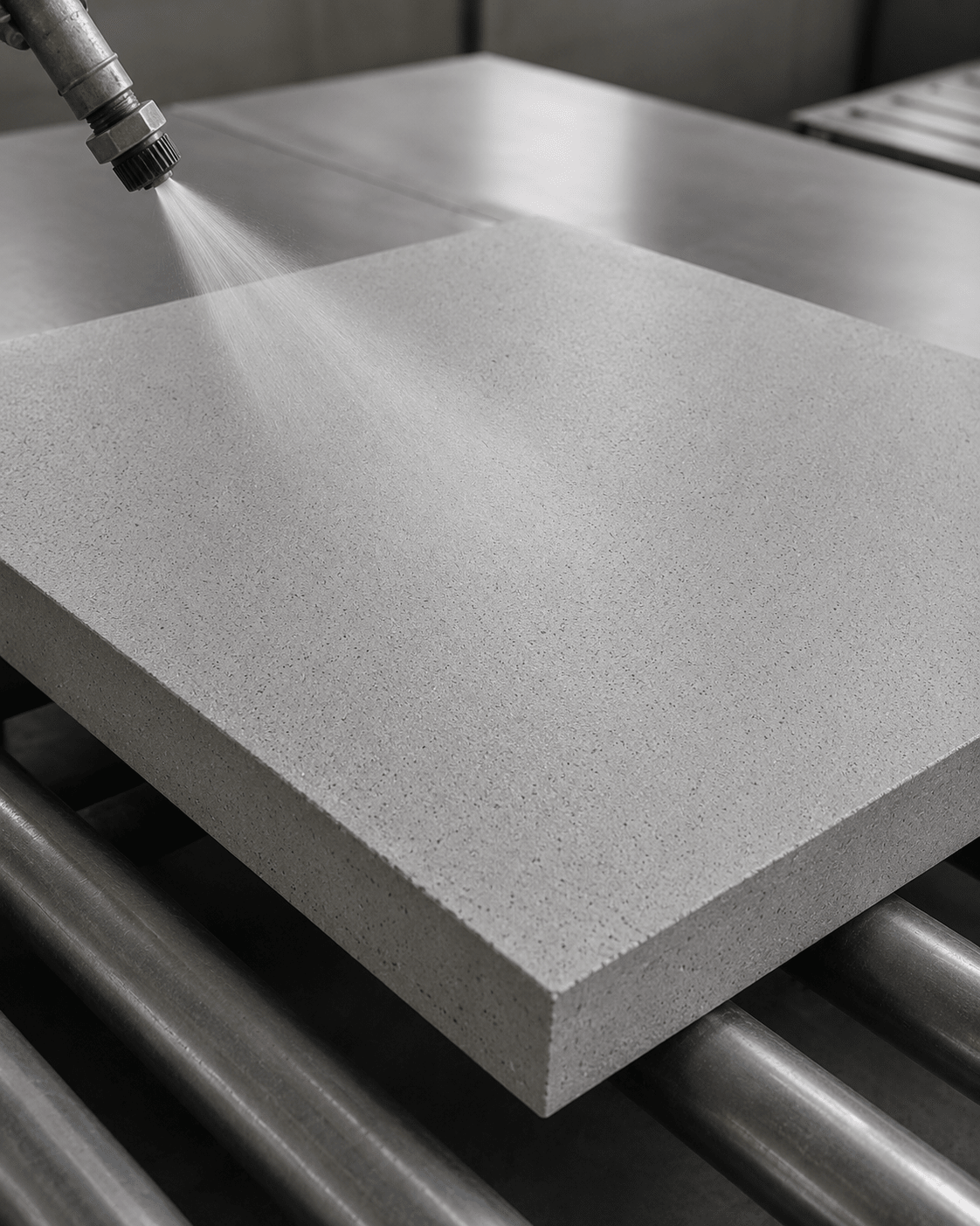 Factory penetrating sealer being spray-applied to a ModaConcrete wet-cast concrete paver slab