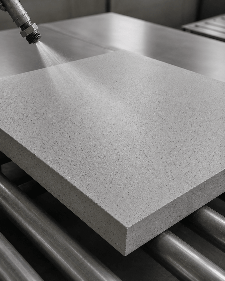 Factory penetrating sealer being spray-applied to a ModaConcrete wet-cast concrete paver slab