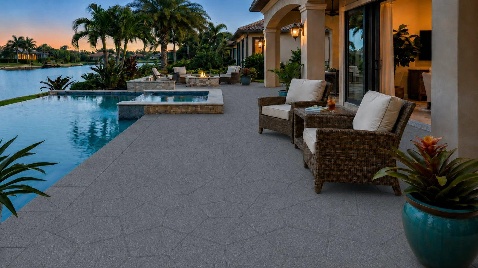 ModaPAVE pentagon concrete paver in Graphite — wide lifestyle view | ModaConcrete outdoor hardscape