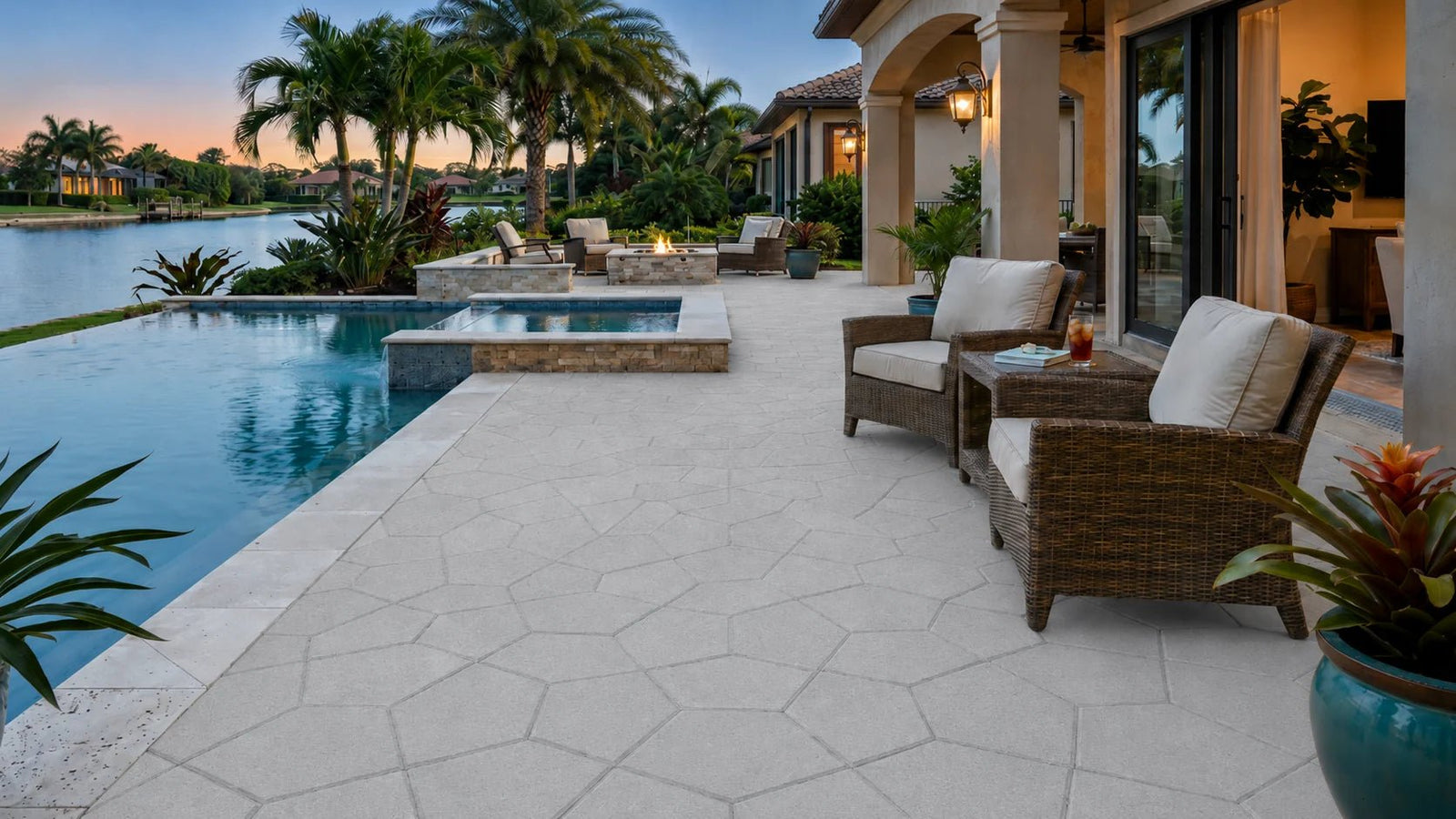 ModaPAVE pentagon concrete paver in Gray — wide lifestyle view | ModaConcrete outdoor hardscape