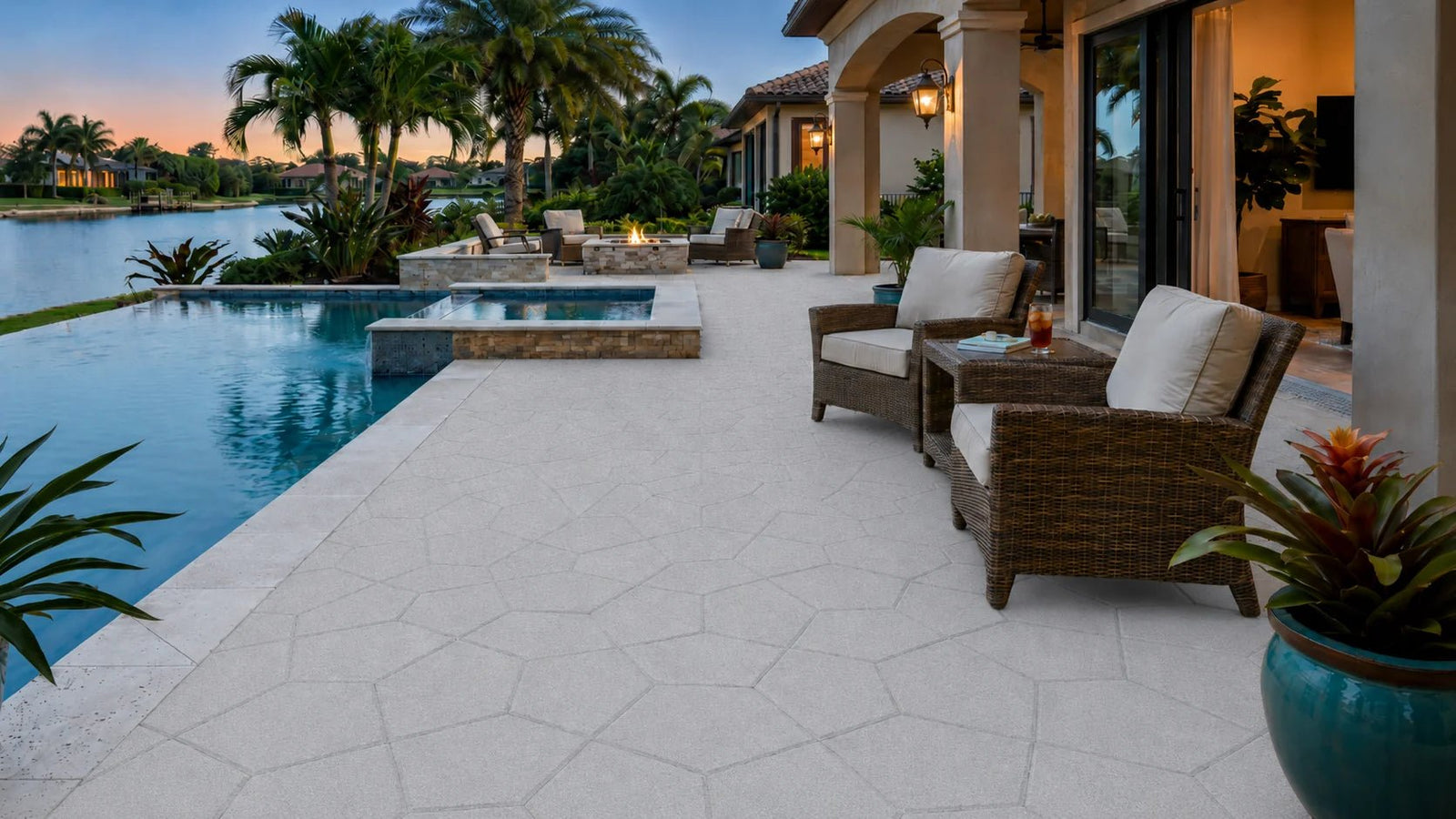 ModaPAVE pentagon concrete paver in Platinum — wide lifestyle view | ModaConcrete outdoor hardscape